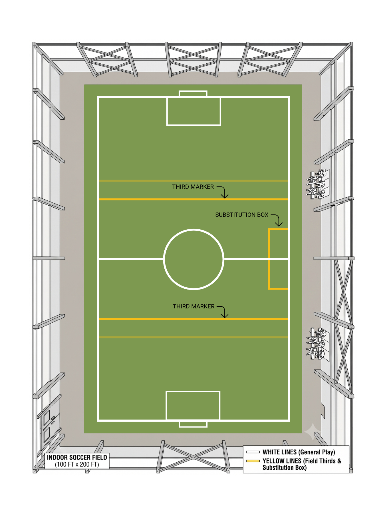 Diagram of the Benson Centre indoor soccer field, 100 ft by 200 ft, showing white general play lines, yellow third markers and the yellow substitution box